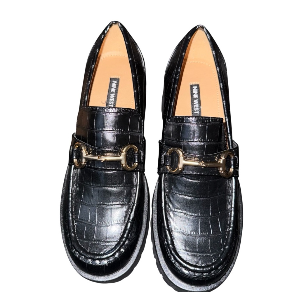 Nine West Black Croc Embossed Loafer Flats with Metal Bit Slip-on Gold Hardware - Picture 3 of 5